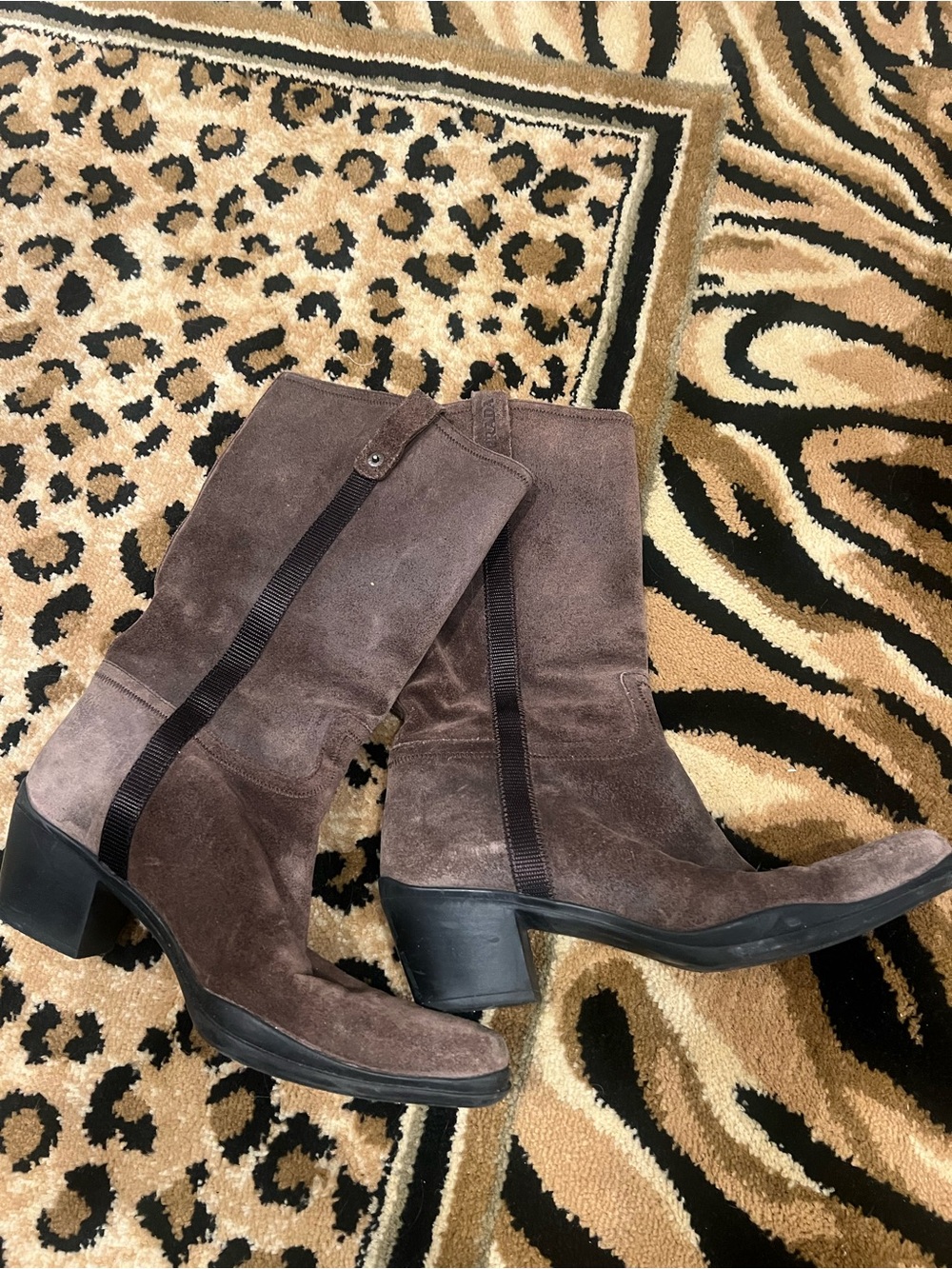 Prada Brown Suede Mid-Calf Heeled Boots